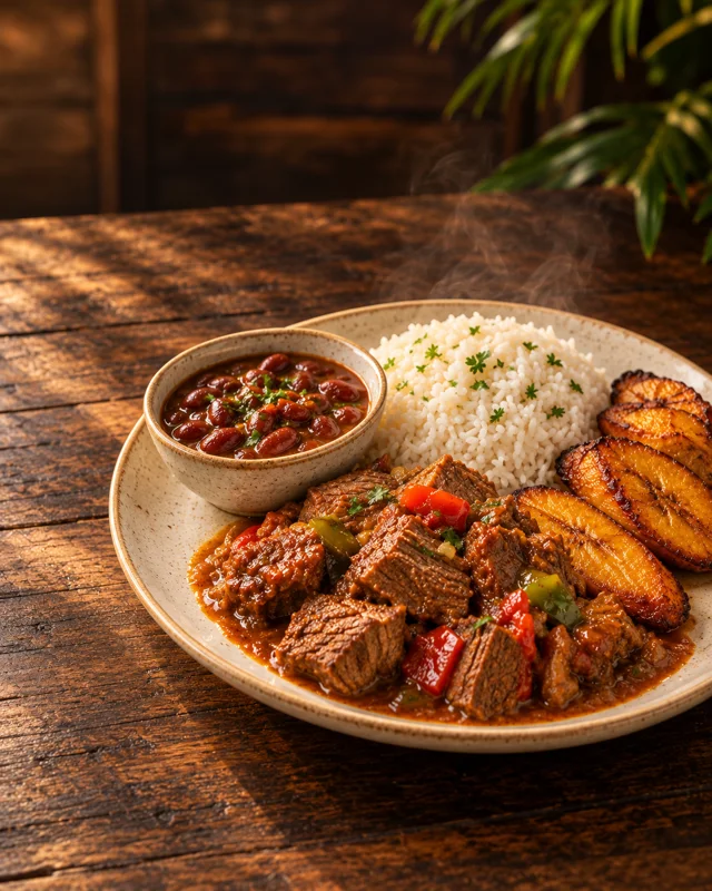 Res guisada con arroz, habichuelas y maduros — imagen ilustrativa